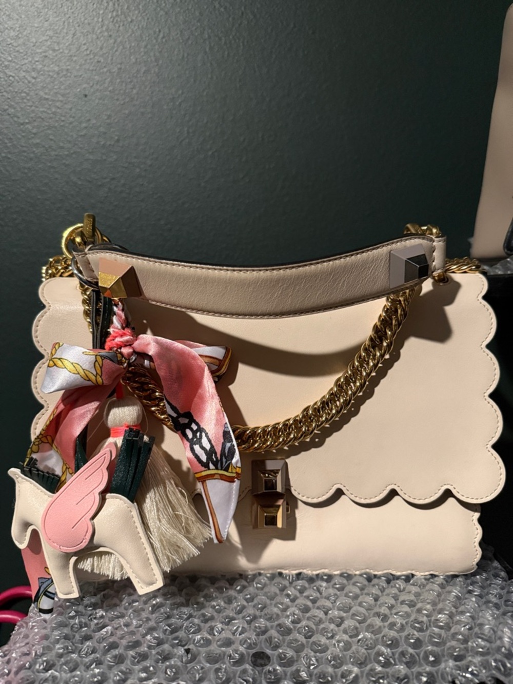 Fendi Kan I Scalloped Shoulder Bag in Light Cream with Gold Hardware